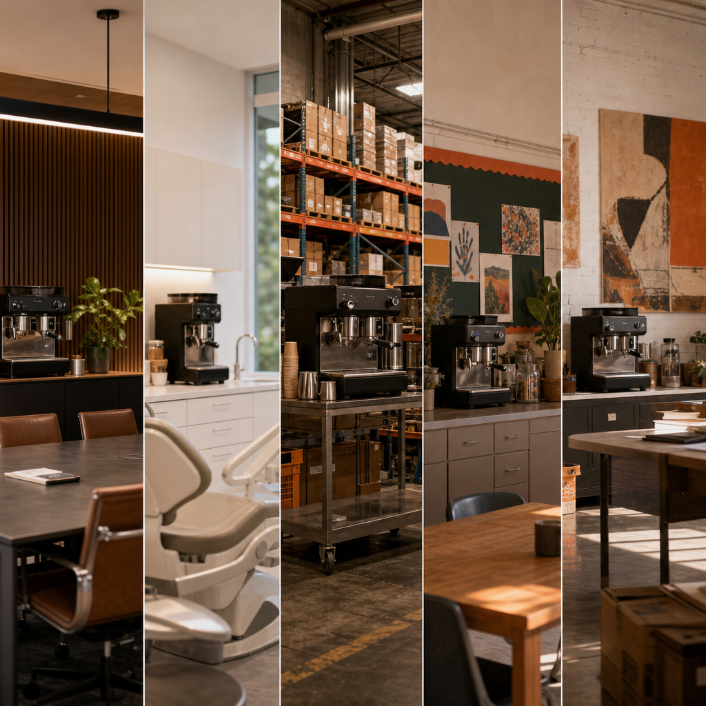 Five workplace settings in a row, each with a different coffee machine: office, clinic, warehouse, school, studio
