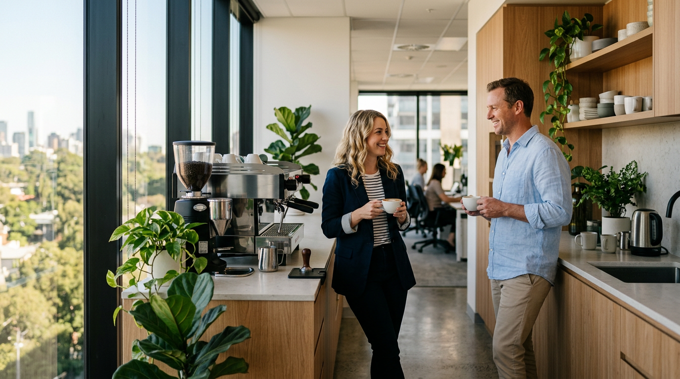Melbourne office kitchen with a commercial coffee machine on the counter