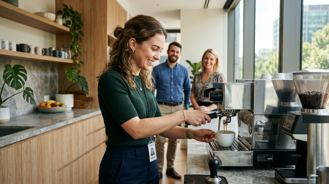 A staff member pulling their first espresso with two colleagues watching