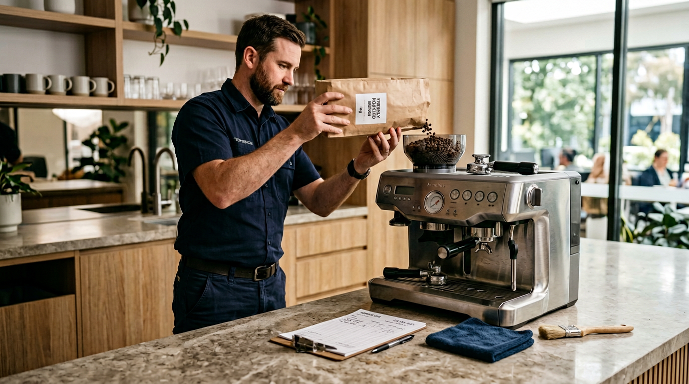 A technician topping up beans and servicing the machine on a scheduled visit