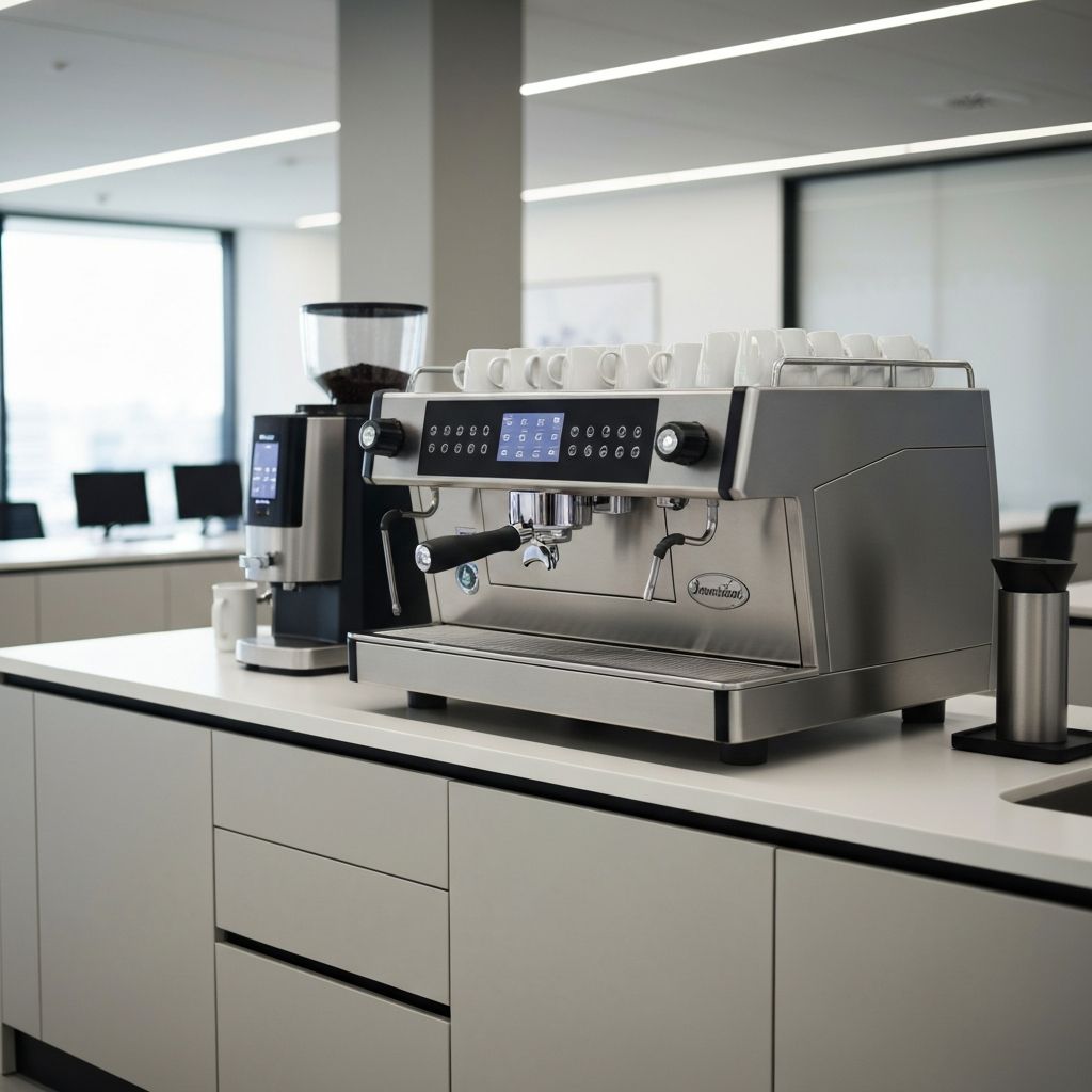A commercial espresso machine in a corporate office kitchen